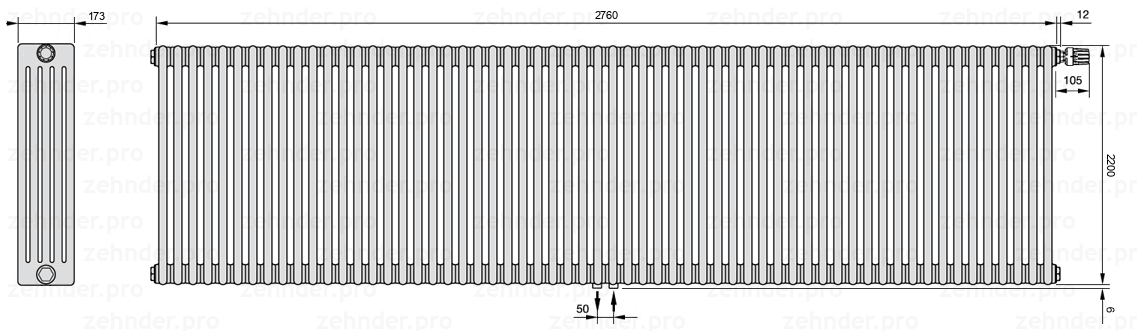 Схема (чертеж) Радиатор Zehnder Charleston 5220/60 №V008 Белый глянцевый RAL 9016